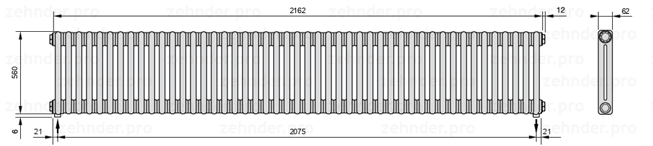 Схема (чертеж) Радиатор Zehnder Charleston 2056/47 №5310 Белый глянцевый RAL 9016